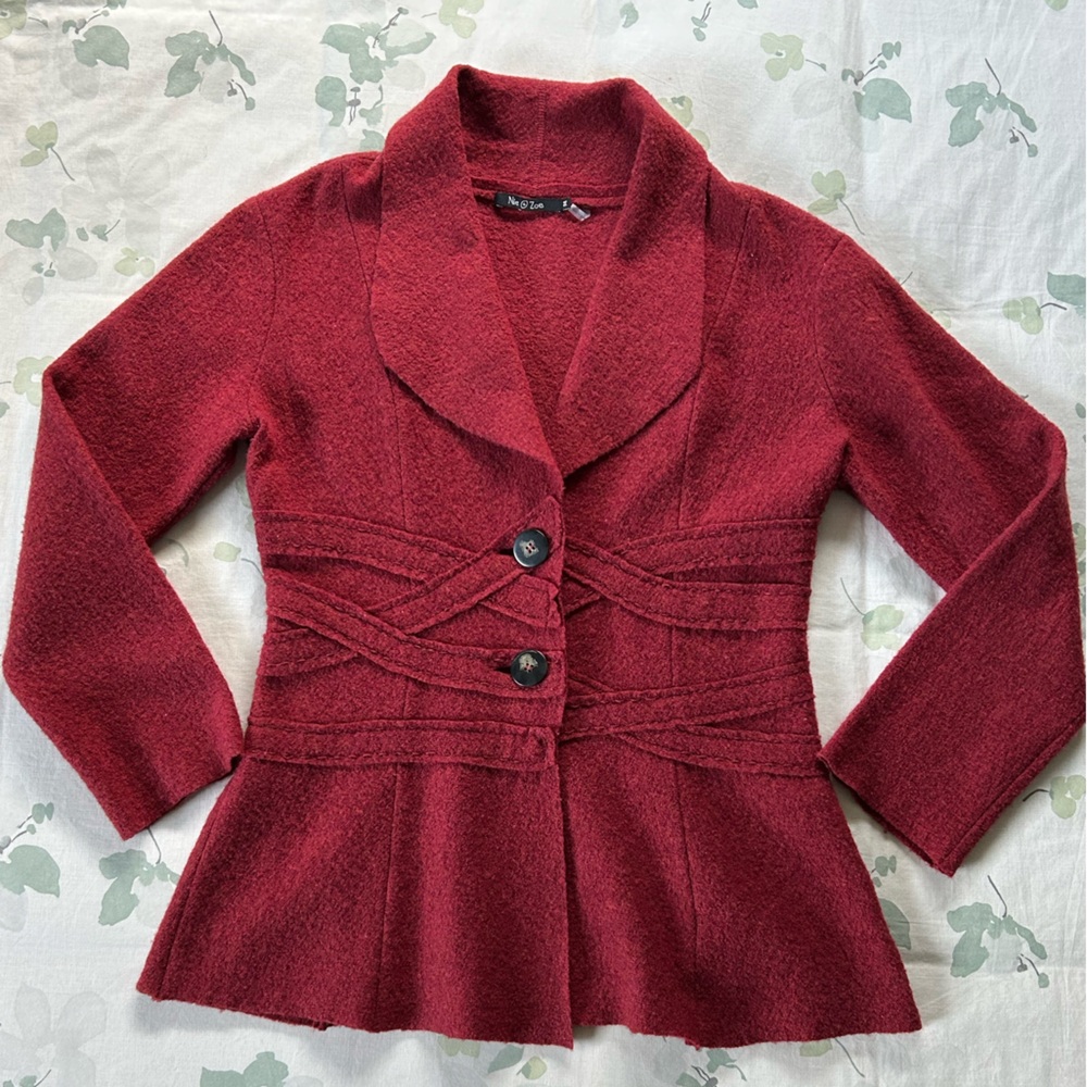 NIC+ZOE 100 % Wool Textured Red Cardigan Blazer Nip Waist Size Medium